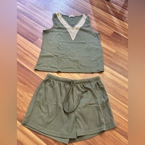 Elegant Olive Lace Trim Pajama Set